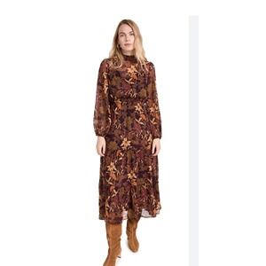Lost + Wander Wild Bergamot Long Sleeve Maxi Dress Brown Floral Metallic Sz M